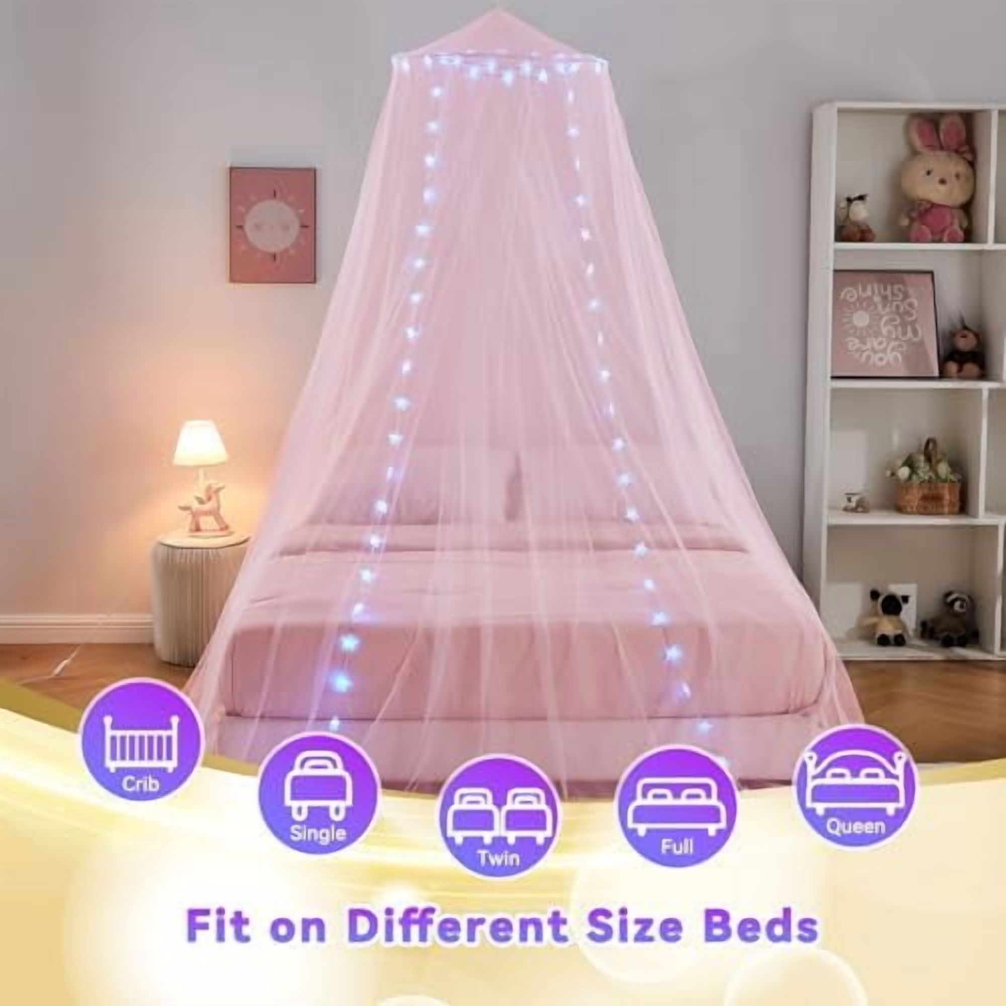 Pink Bed Canopy for Girls, Bedroom Decor Princess Canopy Bed Curtain with Lights, 100 LED Star Fairy String Lights Hanging Dome Bed Tent with Remote for Twin to King Size Bed