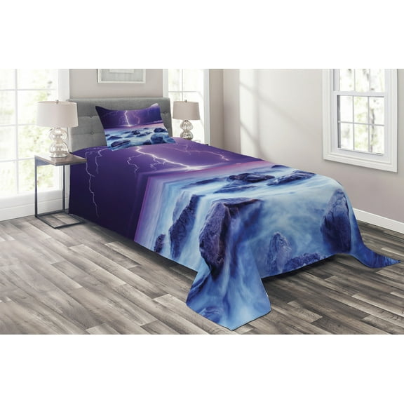 Ambesonne Storm Quilted Coverlet 2 Pcs, Stormy Sky Ocean Rocks Night, Twin Size, Purple and Indigo