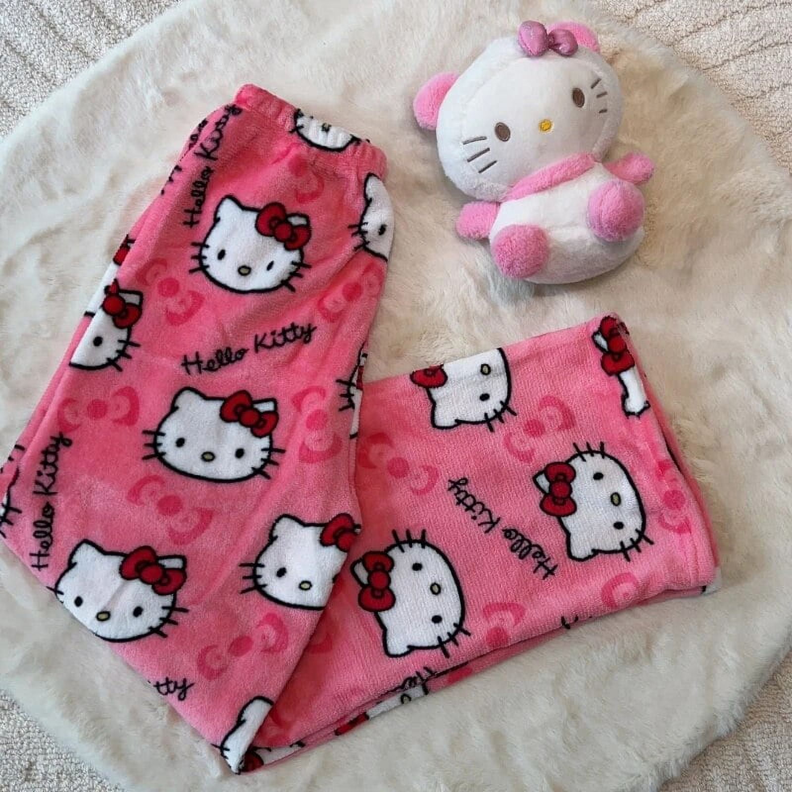 Sanrio Hello Kitty Pajamas Pants Black Pink Anime Flannel Women