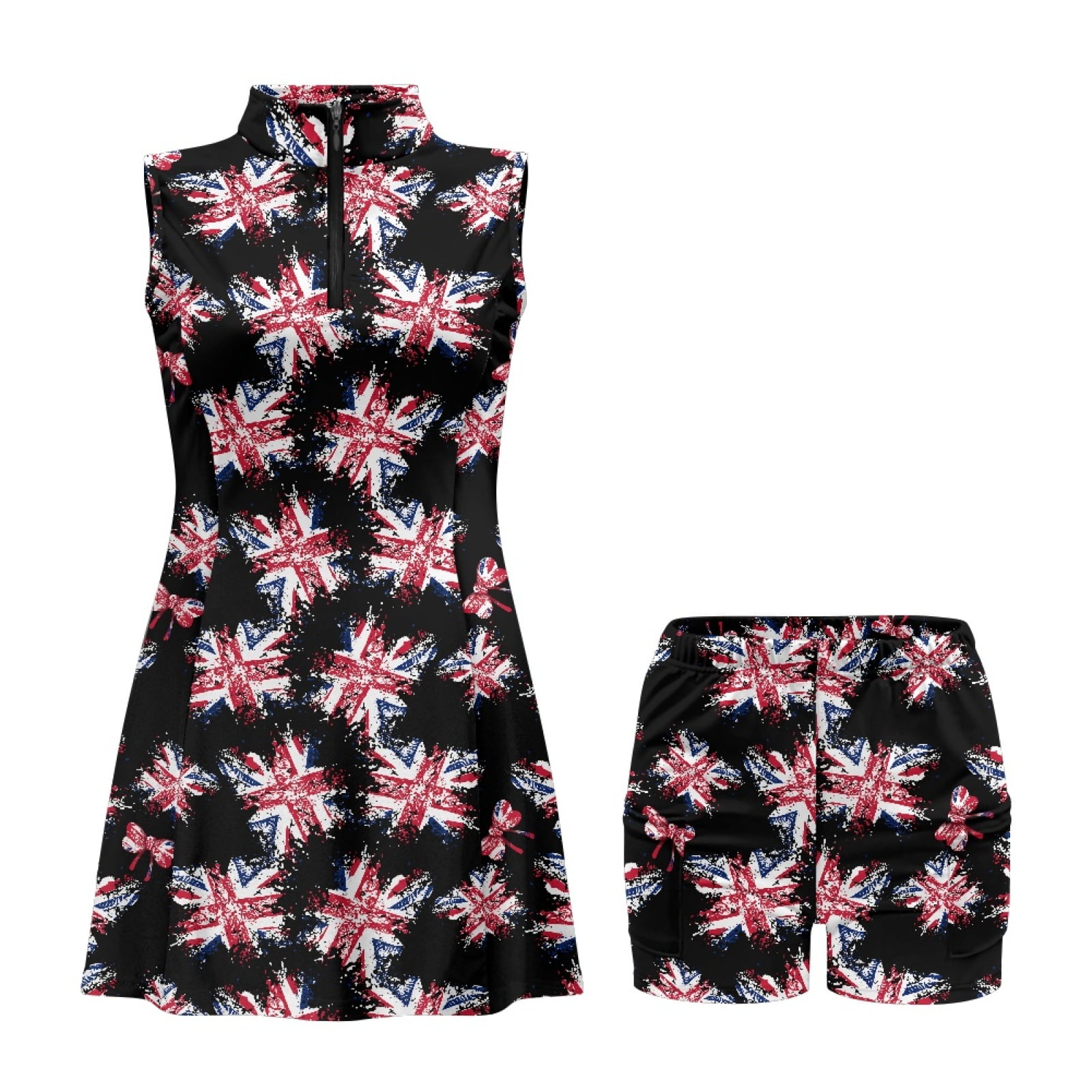 COEQINE American Flag Black Print Tennis Dress for Women Sleeveless Lightweight Workout Athletic Dresses with Built in Shorts and Pockets Stand Collar Zip Up Golf Outfits with 2 Pieces, L