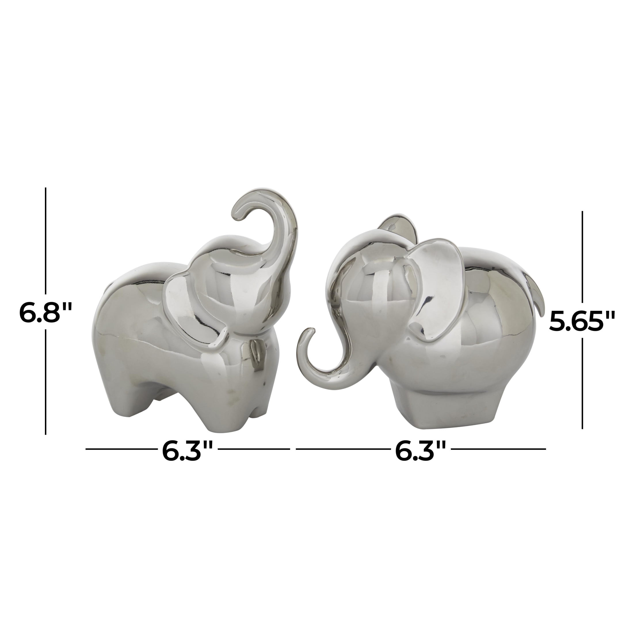 6", 7"H Silver Porcelain Ceramic Elephant Sculpture, by DecMode (2 Count)