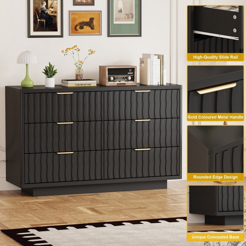 Fluted 6 Drawer Dresser for Bedroom, Wide Modern Chest of Drawers with Metal Handle, Curved Profile Design, Wood Closet Clothes Storage Organizer for Bedroom, Living Room, Hallway(Black)
