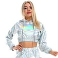 thumbnail image 4 of IBTOM CASTLE Women's Shiny Crop Top Hoodie Metallic Rave Casual Long Sleeve Hooded Pullover Workout Sweatshirt Disco Dance Clubwear XXL Holographic Silver, 4 of 8