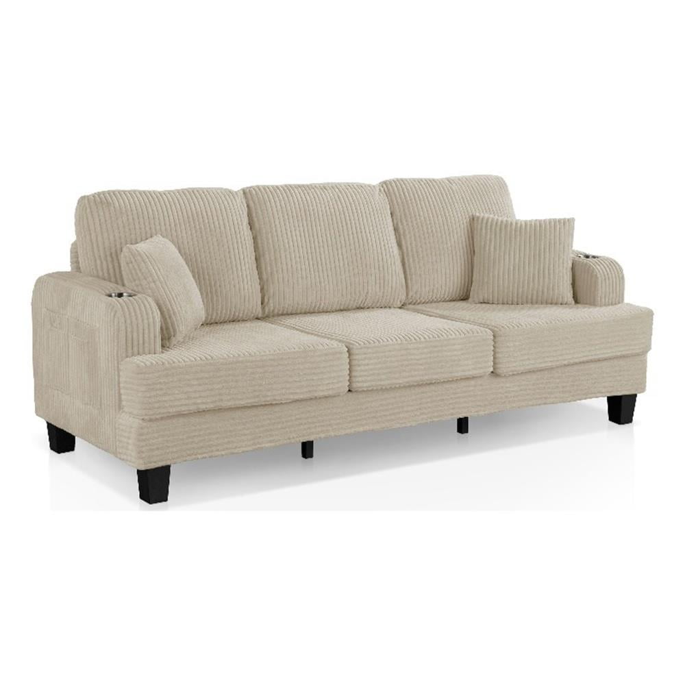 Furniture of America Fayen Modern Small Space Chenille Fabric Sofa with Pillow and USB Port, Beige