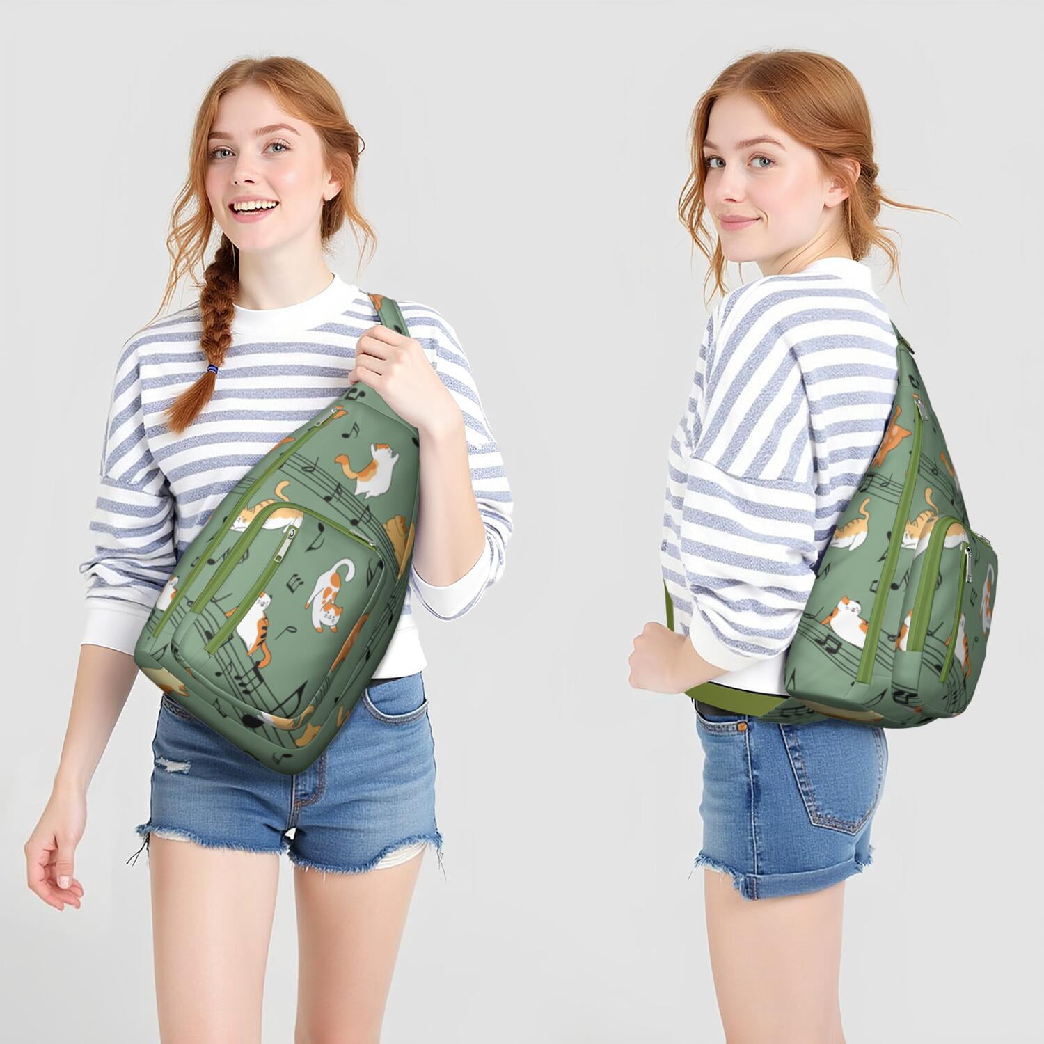 Floral Cat Shoulder Bag - Hand-drawn Cat Graphic Sling Backpack (Lightweight & Breathable, Organized Storage)