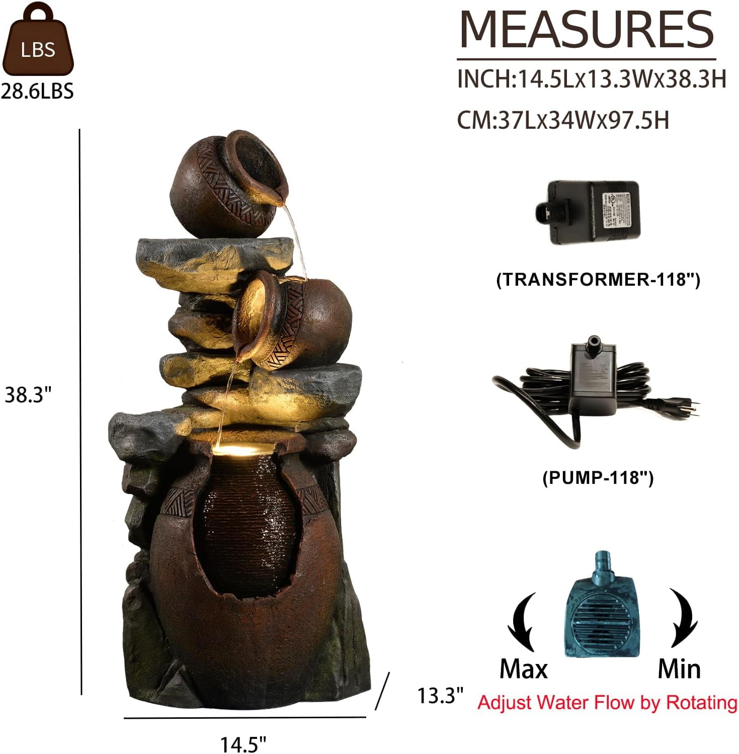 Garden Water Fountain Outdoor Decor - 38.4" 3 Tier Standing Cascading Waterfall Outdoor Water Fountain with LED Lights & Pumps,Natural Design for Garden,Patio, Porch, Backyard, Home Art Decor