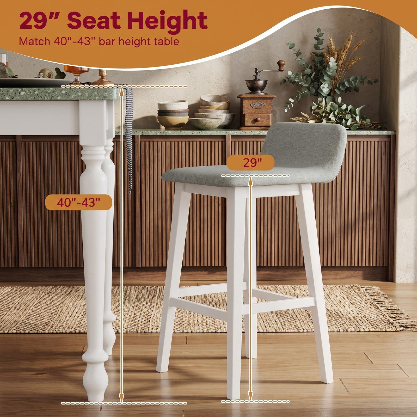 Furnibear 29 Inch Bar Stools Set of 1 Low-Back High-Top Chair with Padded Faux Linen Seat, Rubber Wood Legs and Built-In Footrest for Kitchen Dining Room Home, White