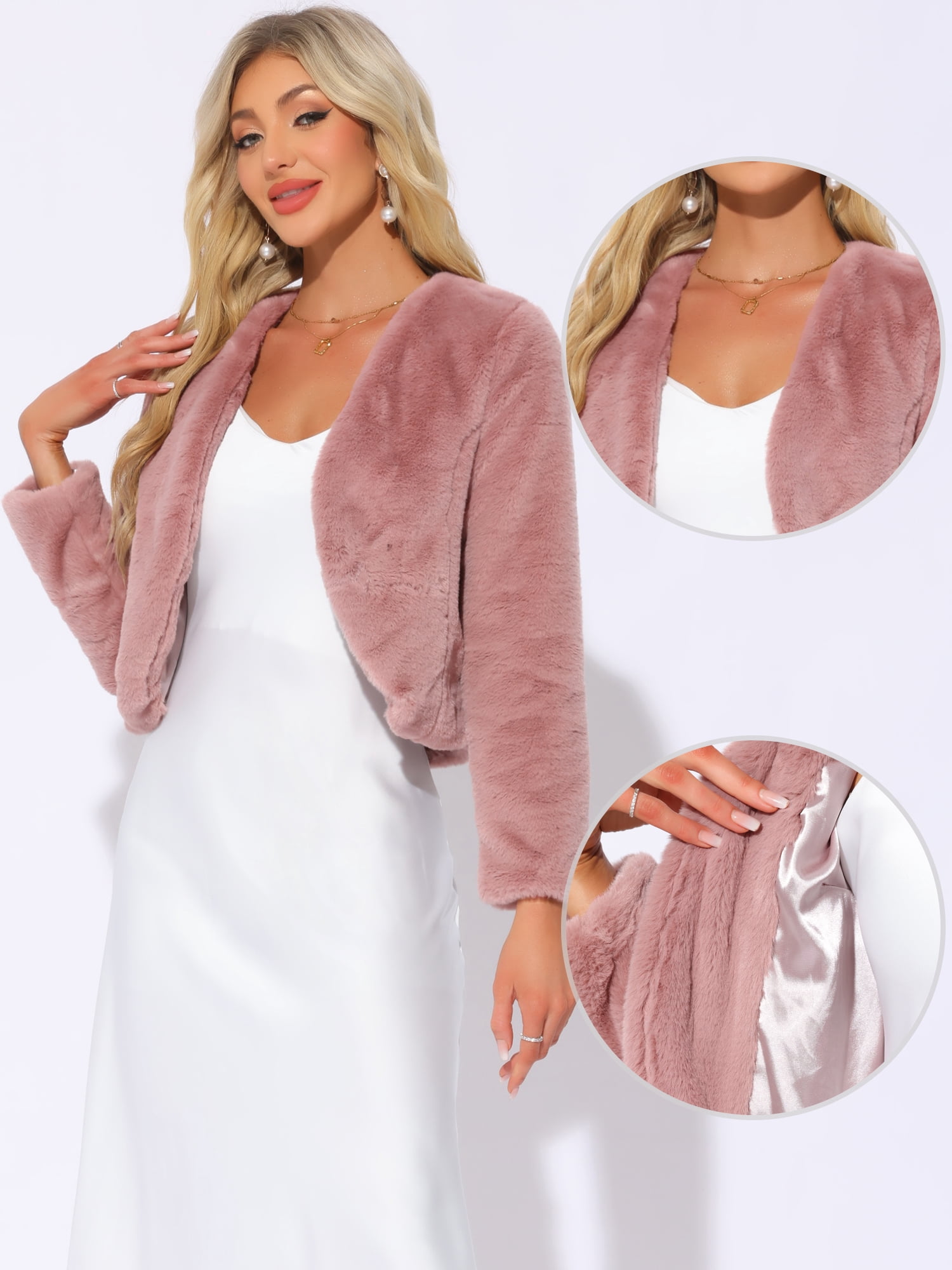 DARING DIVA Women's Faux Fur Cropped Open Front Jacket Bolero Coat S Dusty Pink