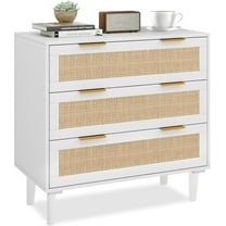 3 Drawer Dresser for Bedroom, Rattan Dresser Storage for Closet, Boho 3 Drawer Dresser Chest of Drawers, Modern Wood Dresser for Kids Bedroom, Living Room, Nursery, Hallway, Entryway, White