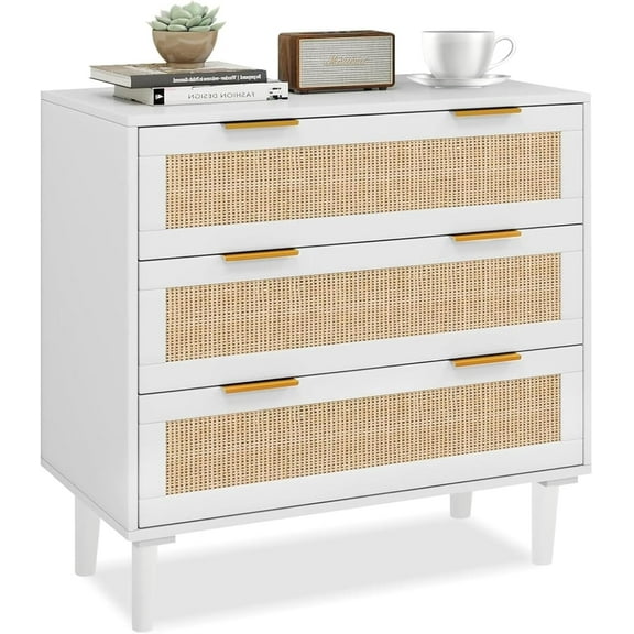 3 Drawer Dresser for Bedroom, Rattan Dresser Storage for Closet, Boho 3 Drawer Dresser Chest of Drawers, Modern Wood Dresser for Kids Bedroom, Living Room, Nursery, Hallway, Entryway, White