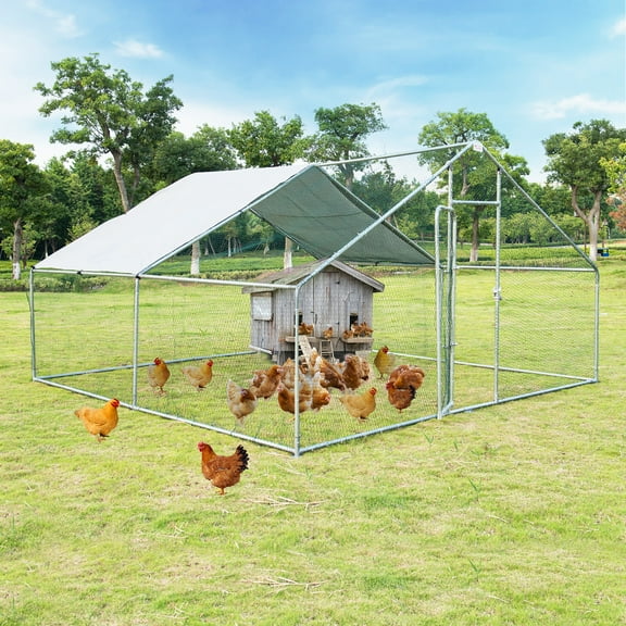 Gymax Fashion Large Walk In Chicken Coop Run House Shade Cage 13'x13' with Roof Cover Backyard