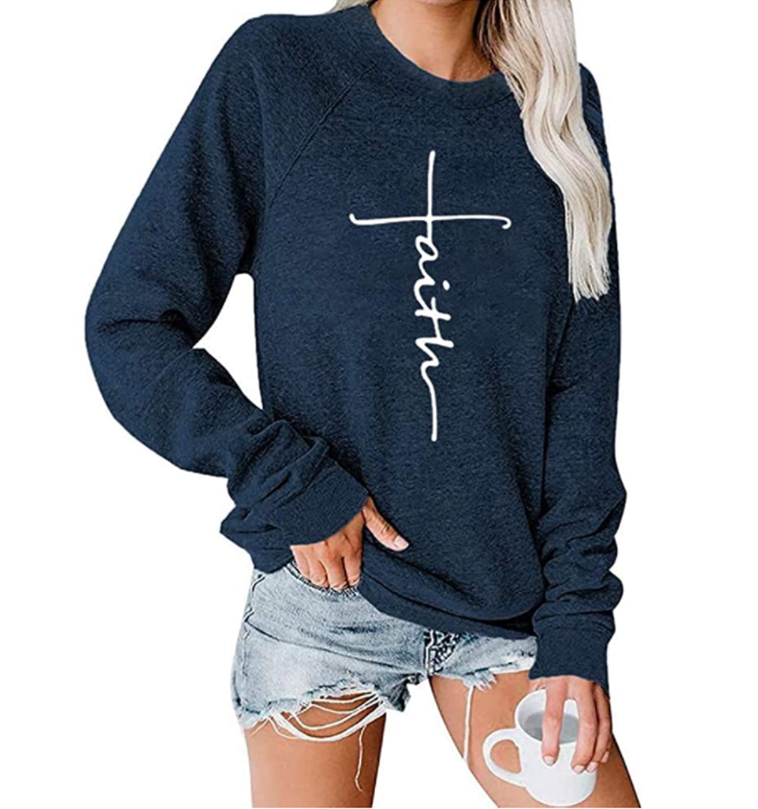 Women Casual Long Sleeve Faith Letter 