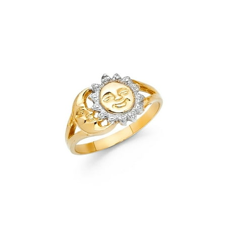 Sun Bezel Ring - 14K Solid Gold Sun and Moon Women Fancy Ring, Size 4.5