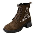 thumbnail image 6 of Floral Embroidery Fall Ankle Boots for Women Lace up Suede Mid Stacked Heel Zipper Short Booties, 6 of 7