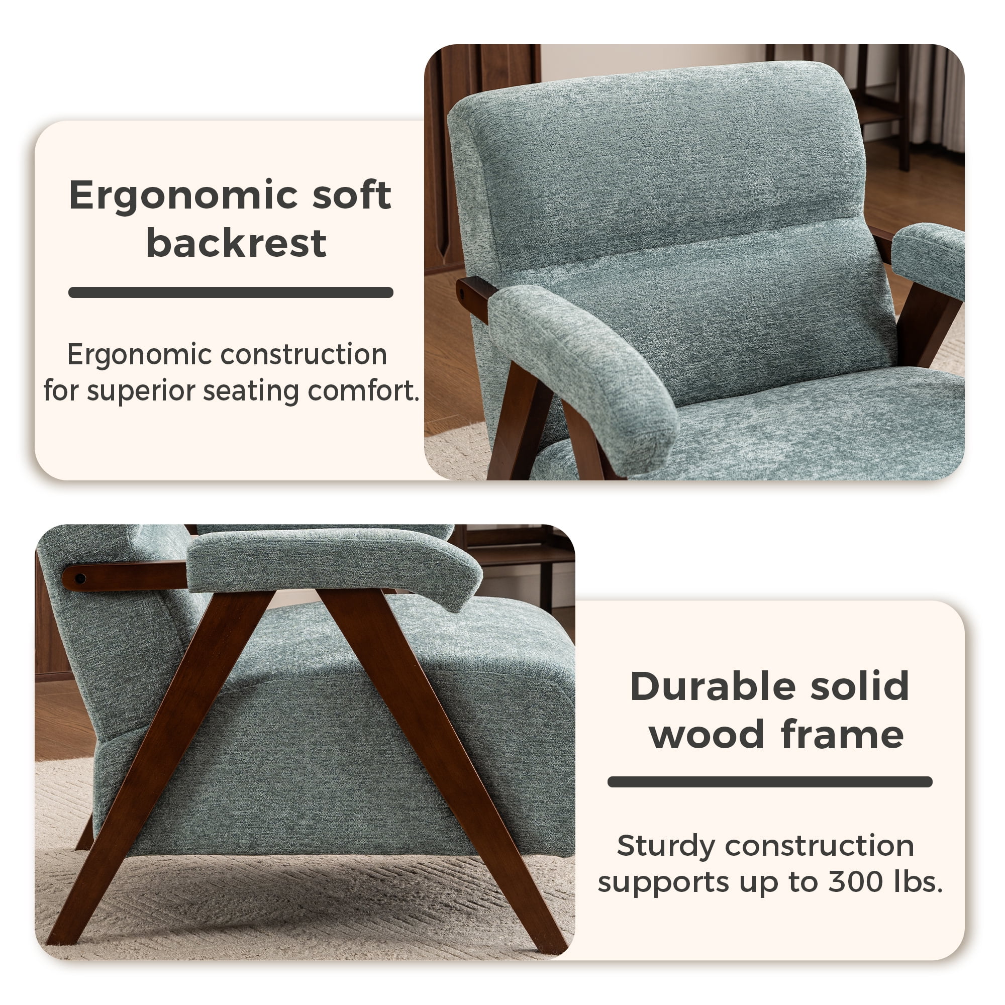 MOONMISS Mid-Century Accent Chair，Armchair for Living Room with Thick Cushions,Green