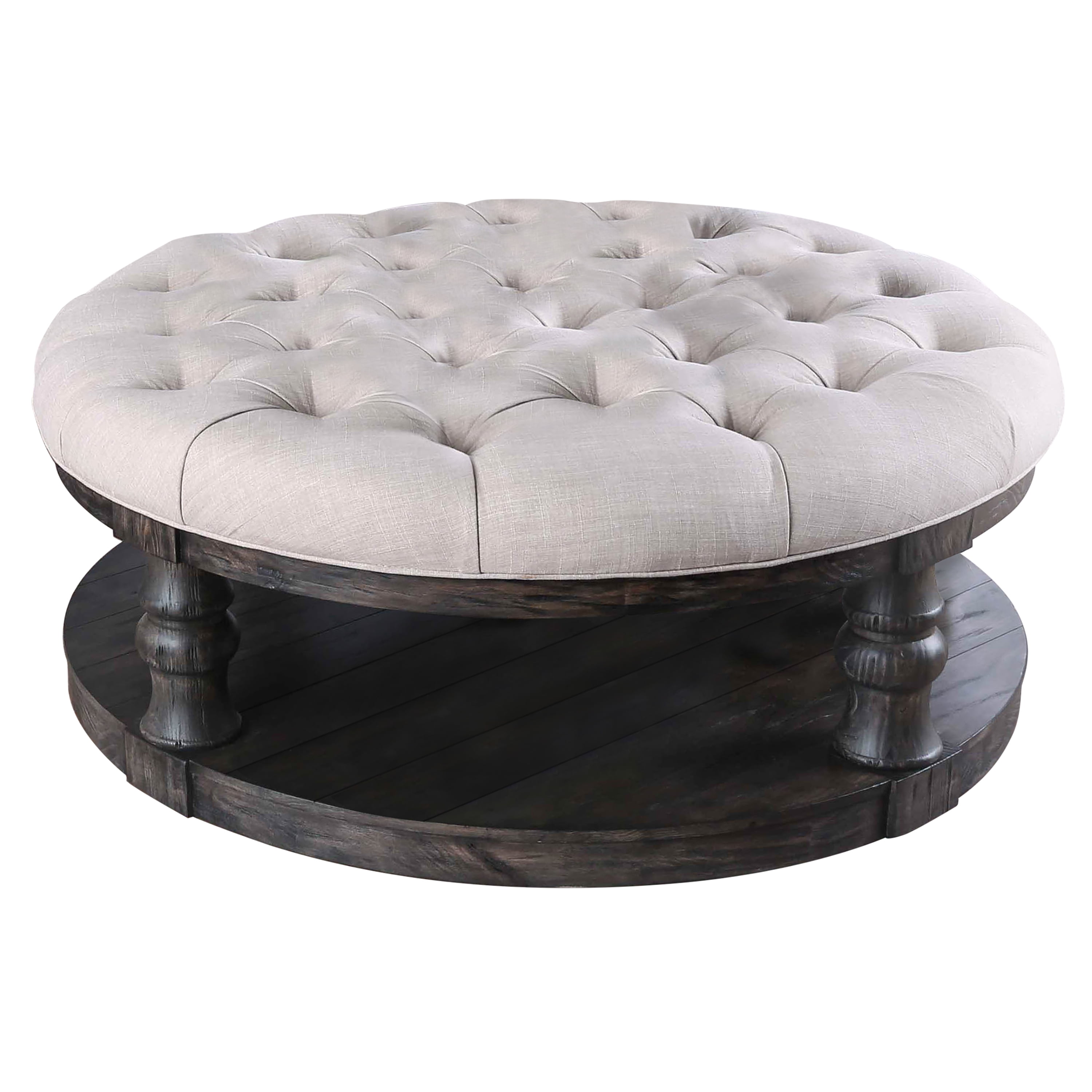 Antique Gray Rustic Round Wood and Fabric Coffee Table