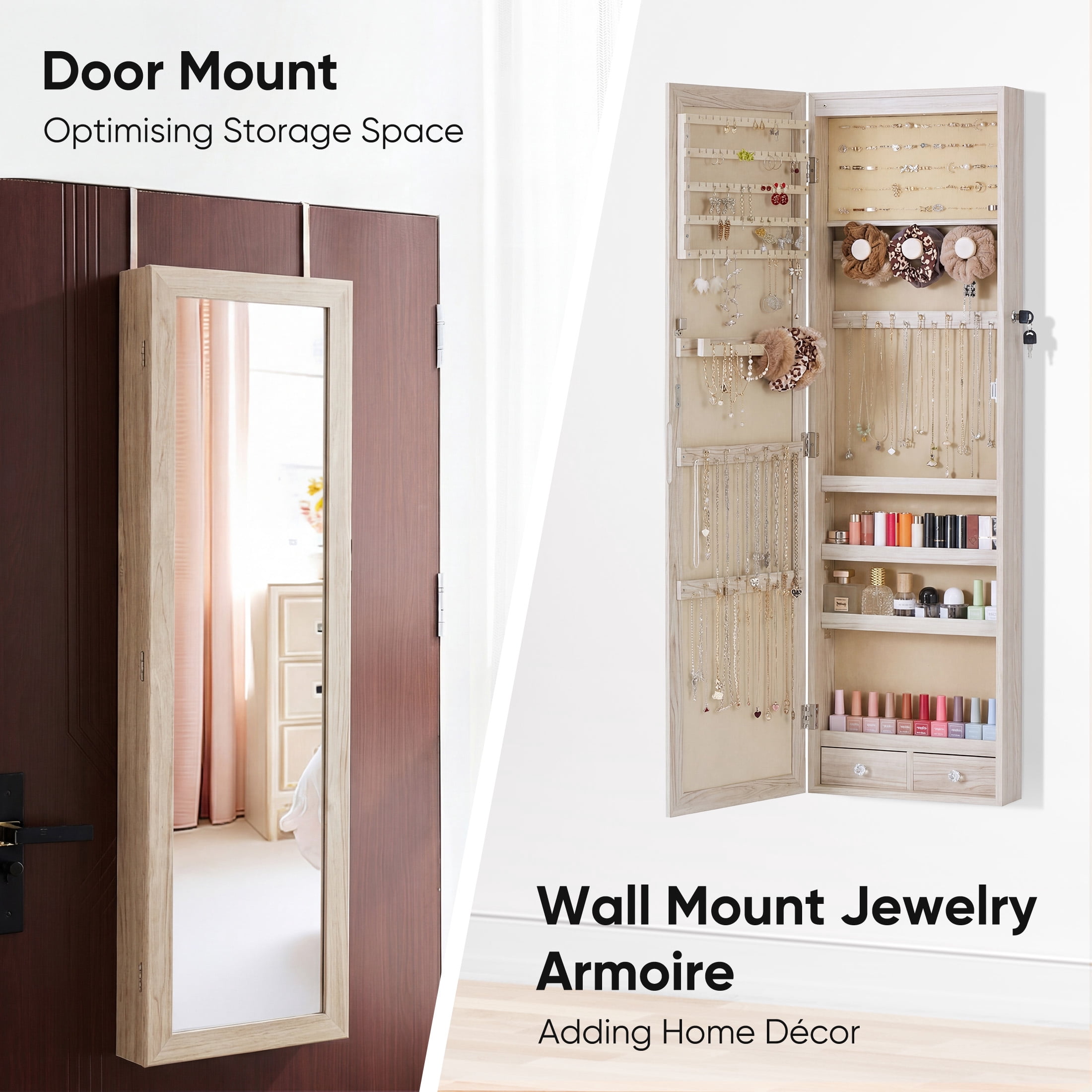 edx Full-Length Mirror Jewelry Cabinet with 6 LED Lights, Wall Door Mounted Large Jewelry Armoire Organizer with Makeup Storage, Beige
