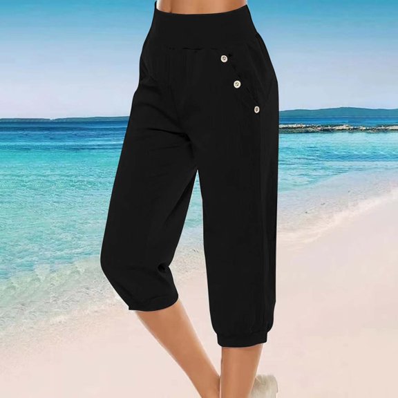 Baqcunre Linen Pants Capri Pants For Women Casual Summer Drawstring Elastic High Waist Linen Pant Straight Cropped Trouser Womens Sweatpants Women'S Pants Black L