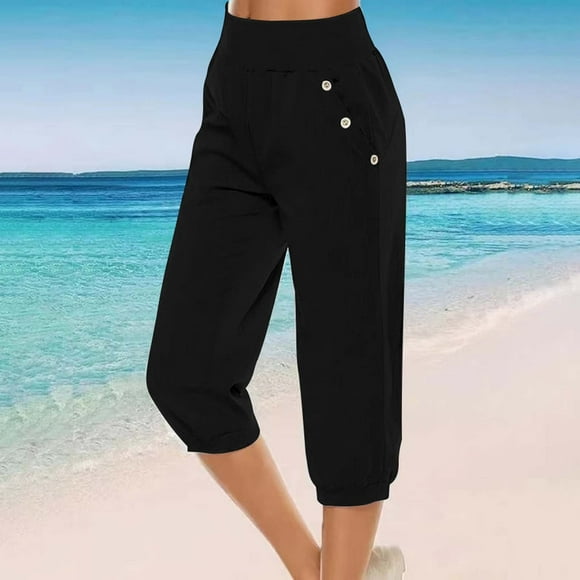 DondPO Pantalon en Lin pour Femmes, Pantalon de Détente Capri pour Femmes, Été Décontracté, Taille Haute Élastique avec Cordon, Pantalon Droit Court, Pantalon de Survêtement pour Femmes, Pantalon pour Femmes, Pantalon Noir G