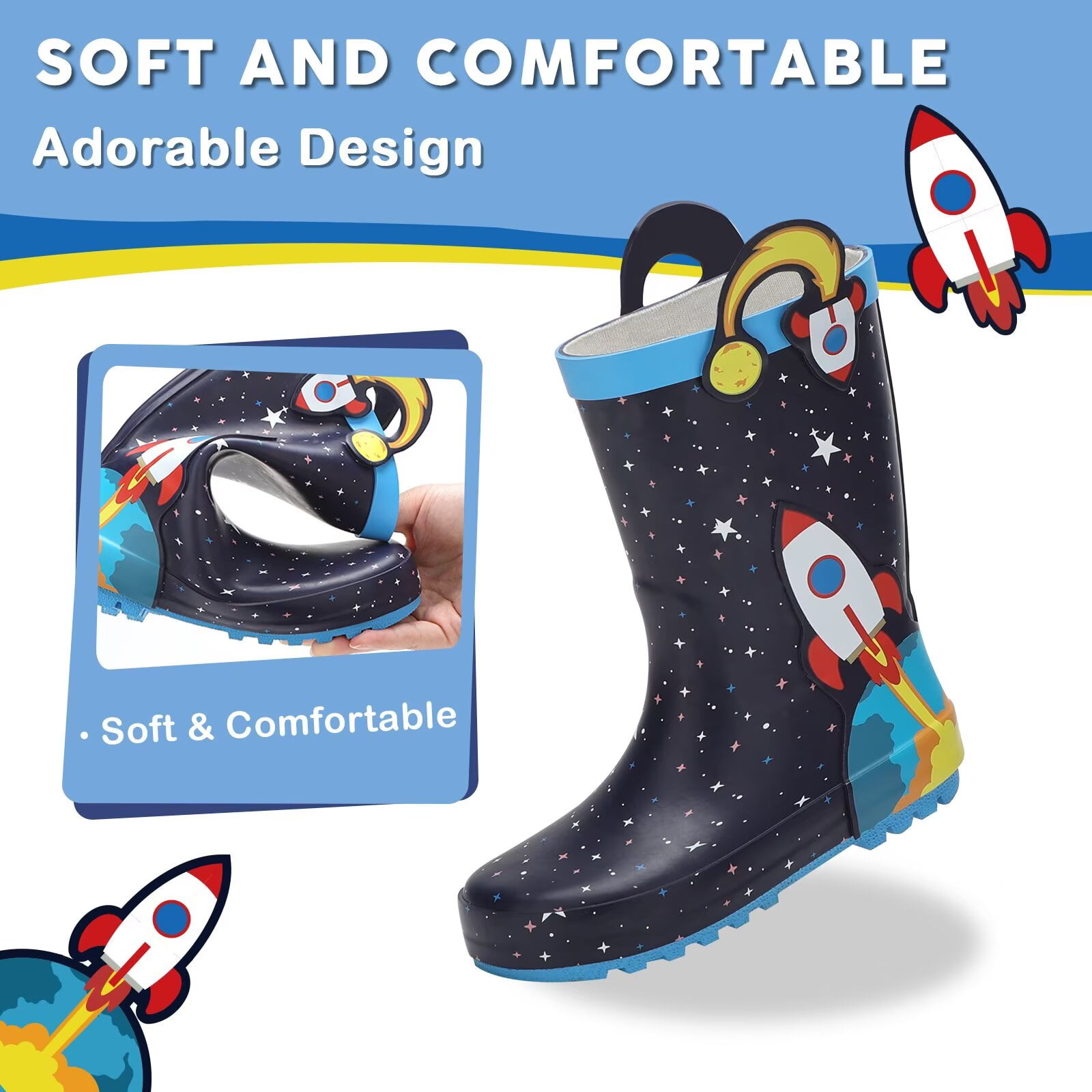 FUNCOO PLUS Toddler Rubber Rain Boots Kids Waterproof Boots for Boys, Rocket, Size 8