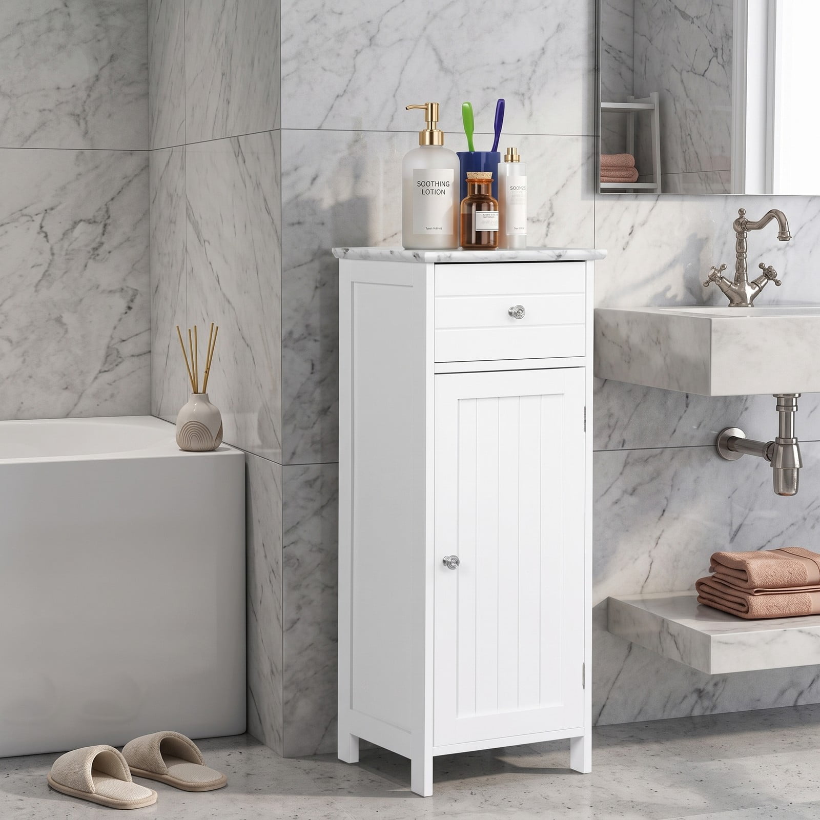 ALPULON Wooden Bathroom Floor Storage Cabinet with Drawer and Adjustable Shelf, Freestanding MDF Side Organizer for Bathroom Entryway Living Room, White