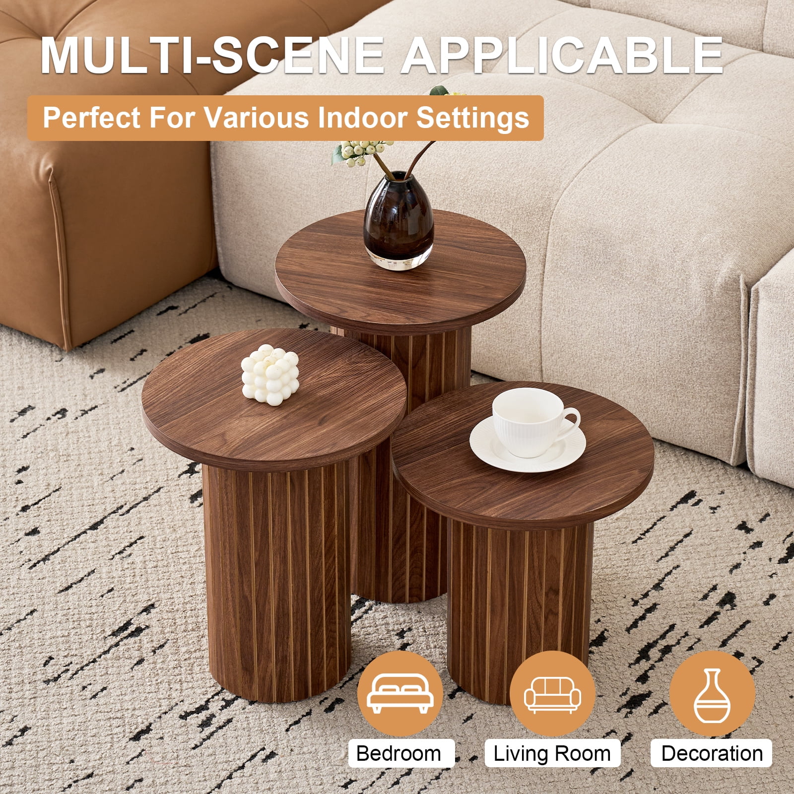 3-Piece Nesting Coffee Table Set, Modern Small Round Wood Side Tables, Fluted Drum Base, for Living Room, Bedroom, Apartment, Small Space, Sofa, Brown