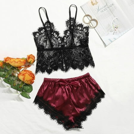 

Women s Sleepwear Set Sleeveless Lounge Pjs Sets 2 Piece Lace Silk Satin Pants Pajama Set Loungewear Top