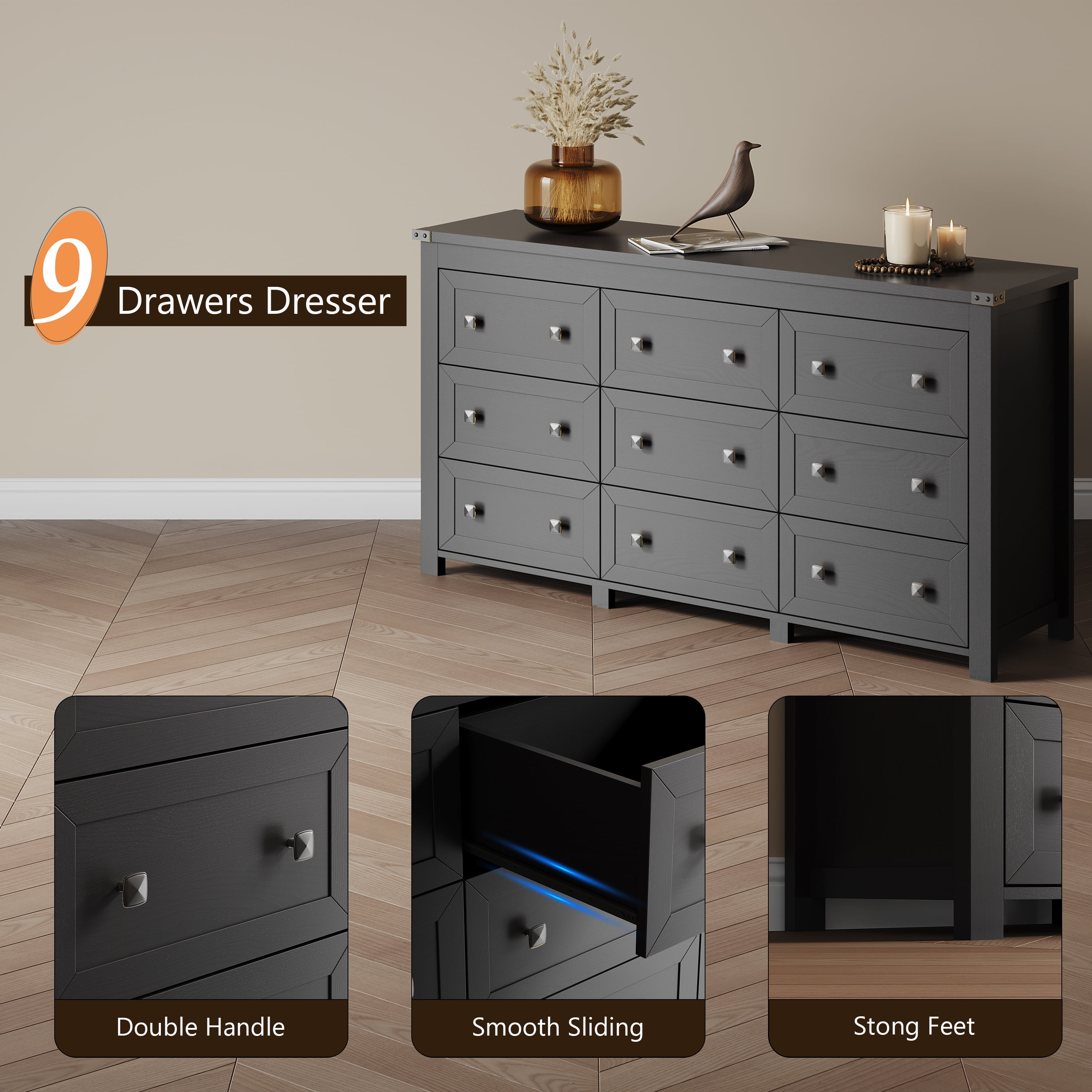 9-Drawer Dresser for Bedroom, Modern Wide Chest of Drawers, Wooden Storage Organizer for Closet, Living Room, Entryway, Home Office, Dresser with Ample Storage