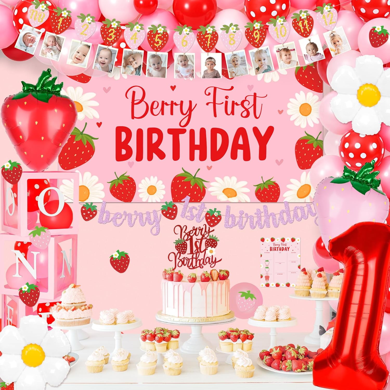 Berry First Birthday Decor Set Strawberry Theme for Girls 1st Birthday Balloon Arch Backdrop