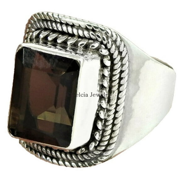 Natural Smoky Quartz Gemstone Ring, Solid 925 Sterling Silver Ring, Faceted, Octagon Ring, Solitaire Ring, Statement Ring, Dainty Ring, Women's Signet Ring, Gift Ring For Her (smoky-quartz, 7)