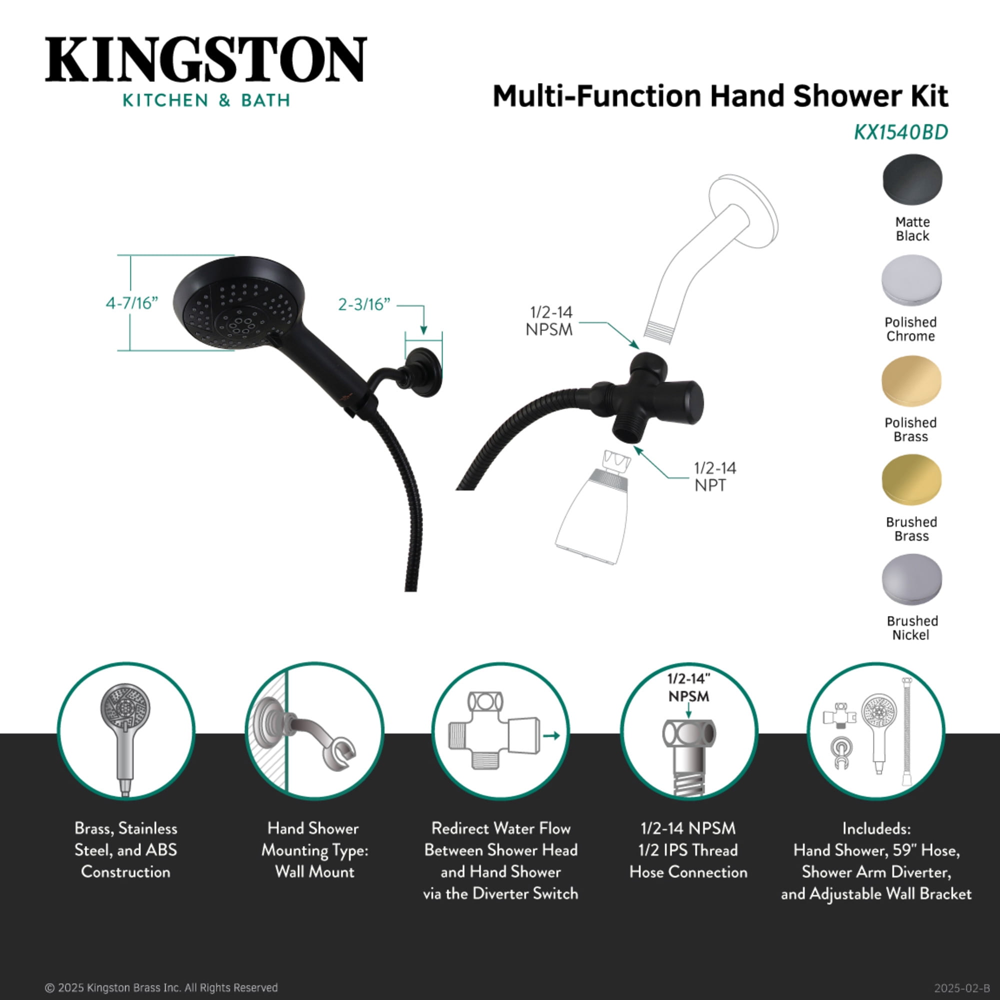 Kingston Brass KX1540BD Vilbosch Multi-Function Hand Shower Kit, Matte Black