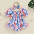 thumbnail image 4 of Newborn Baby Girls Summer Outfits Floral Daisy Romper Dress Ruffle Smocked Short Puff Sleeve Bodysuit Dress with Headband Set, 4 of 7