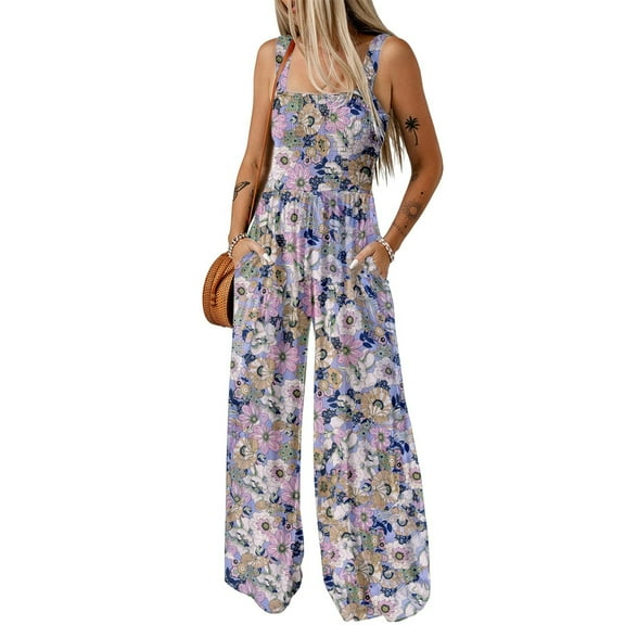 Yindaity Women's Casual Loose Overalls Jumpsuits Sleeveless Printed Wide Leg Long Pant Rompers With Pockets Purple,XL