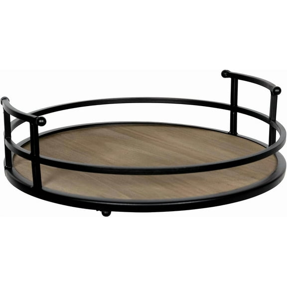 Stratton Home Decor Metal and Wood Round Tray | Wooden Coffee Table Tray Decor for Empty Table Surfaces | Decorative Round Serving Tray with Handles