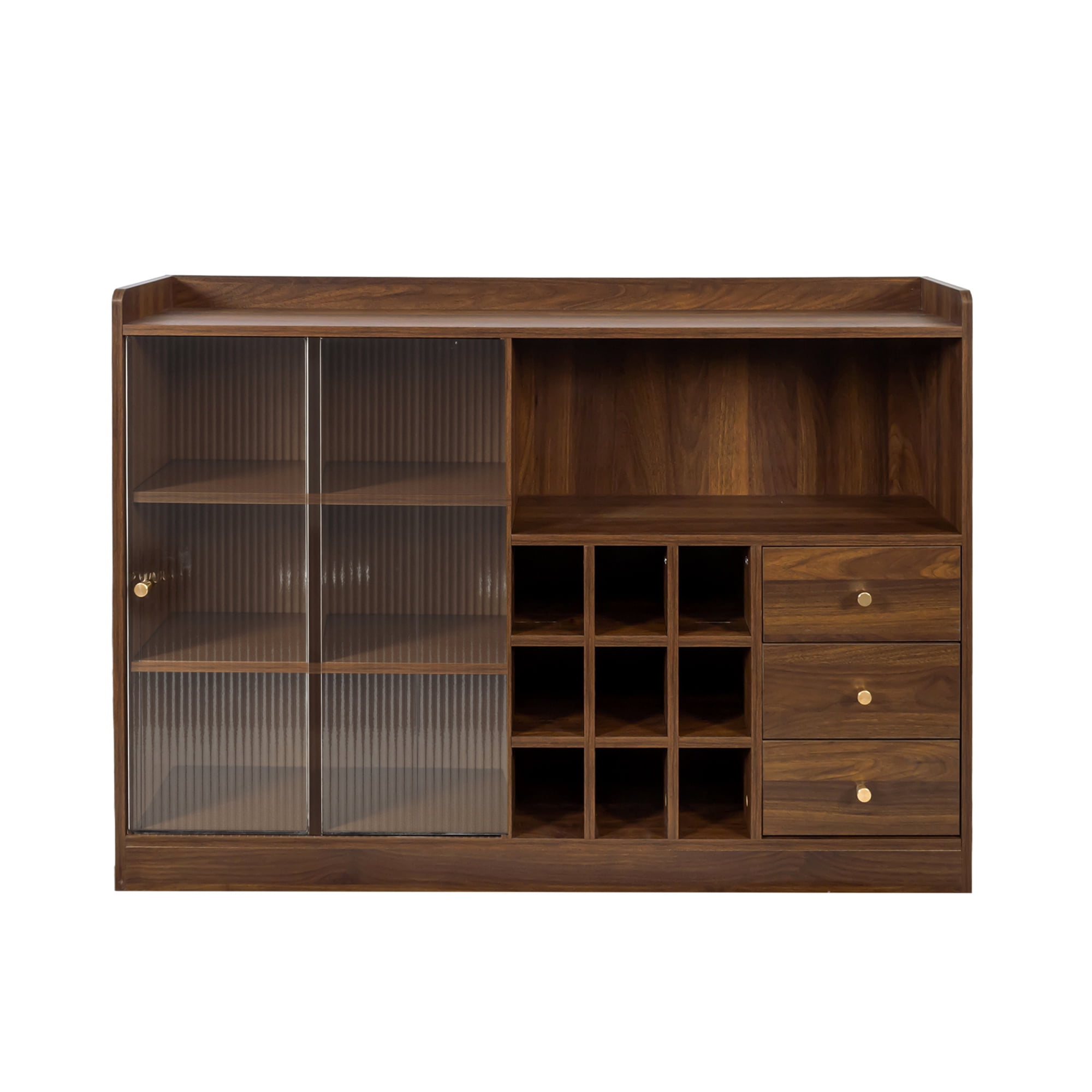 Storage Cabinet, Sideboard with 2 Sliding Glass Doors and Three Storage Tiers, for Dining Room Living Room Kitchen, Walnut Finish