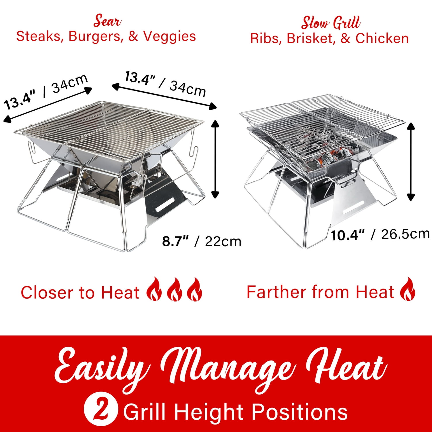 Brentwood 14-In. x 14-In. Stainless Steel Portable Folding Charcoal BBQ Grill and Outdoor Fire Pit with Carry Bag, BB-4X14SSPT