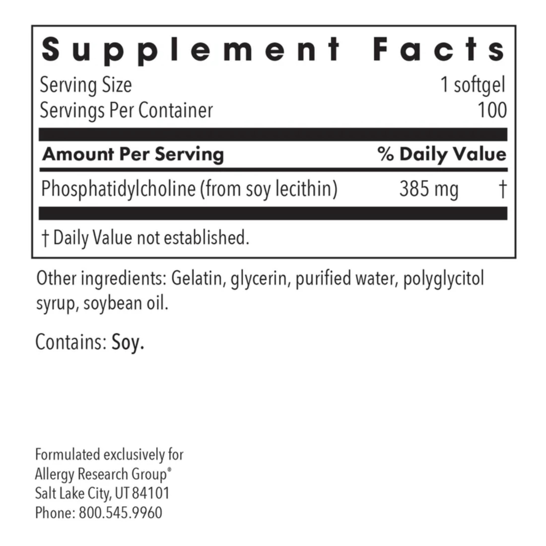 ARG Phosphatidyl Choline - 385 mg Phosphatidylcholine Lecithin - Brain, Liver & Cell Membrane Support - Softgel Capsules - Soy-Based Supplement - 100 Servings - 100 Count