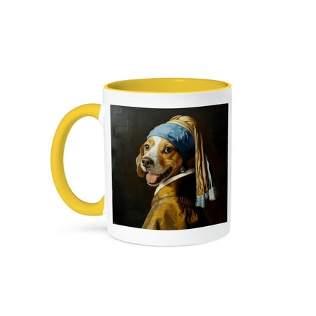 

3dRose Beagle with pearl earring Golden Age Painting 11oz Two-Tone Yellow Mug
