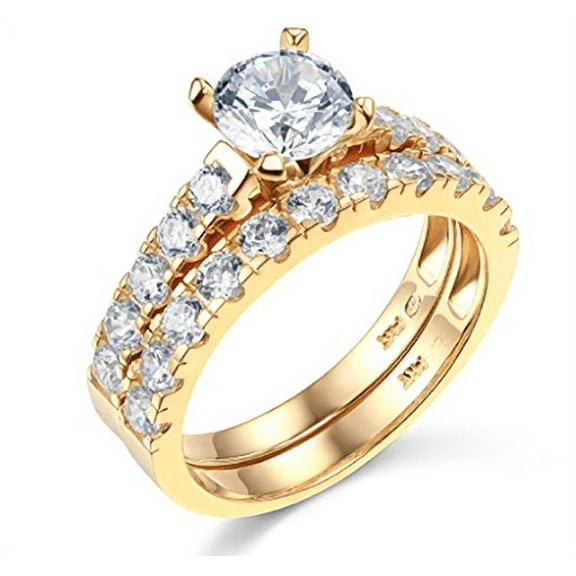 3.05 Ct Round Cut Engagement Wedding Ring Set Real 14K Yellow Gold Matching Band