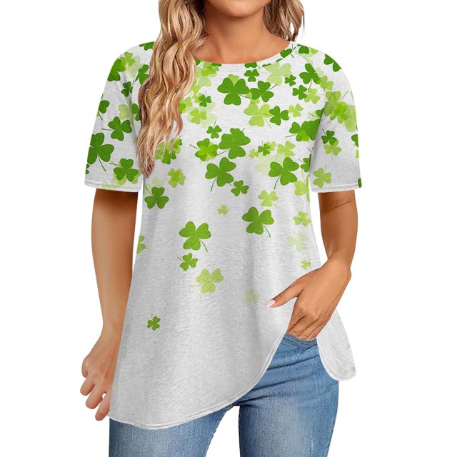 Pxiakgy Vente Chaude! T-Shirt Trèfle de la Saint-Patrick pour Femmes Chanceux Irlandais Manches Courtes T-Shirt Graphique Trèfle Mode Décontractée Col Rond Manches Courtes Imprimé Beige P