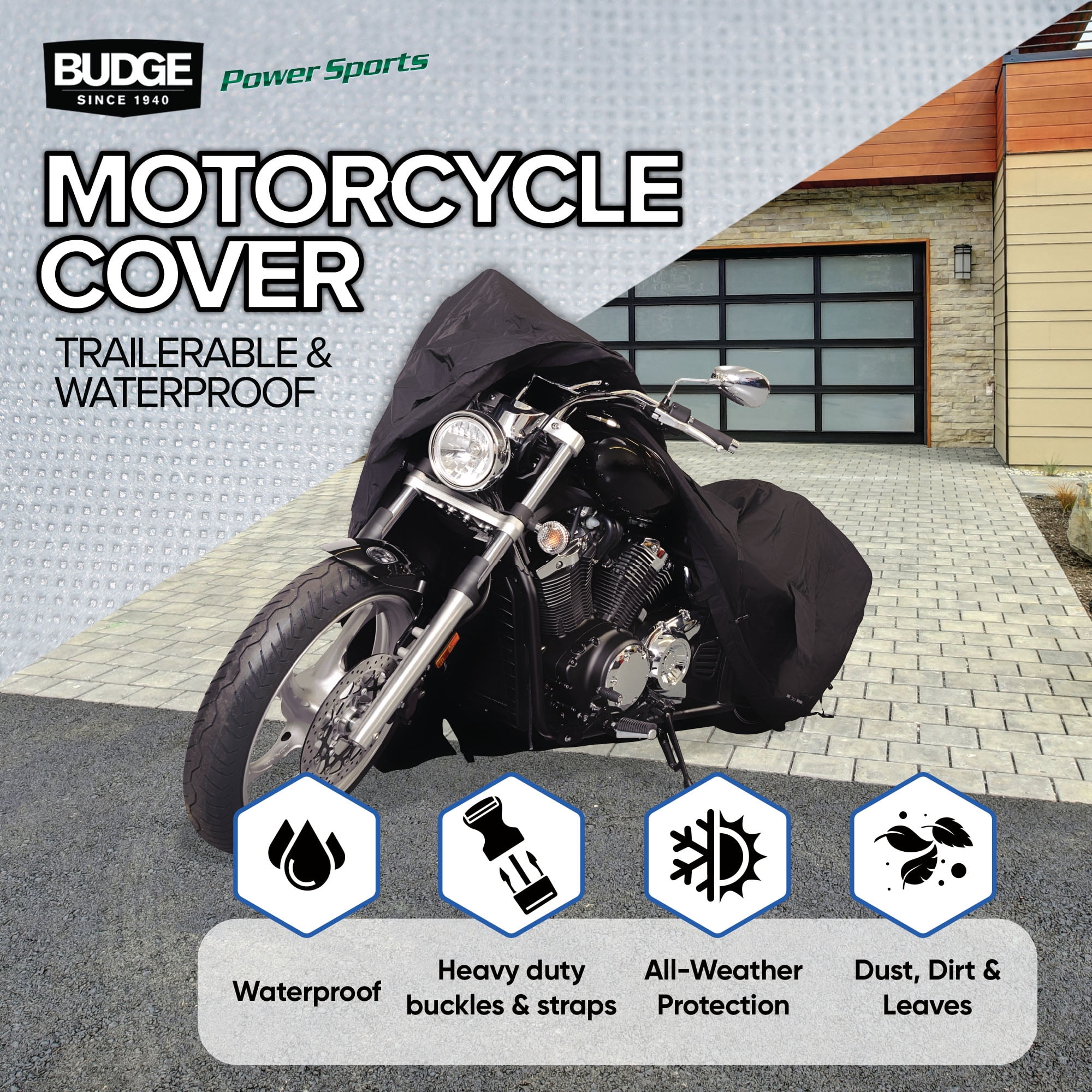Budge Sportsman Trailerable, Waterproof Motorcycle Cover, Heavy-Duty All Weather Indoor and Outdoor Cover, Size 2 for Extra Large Motorcycles, Black