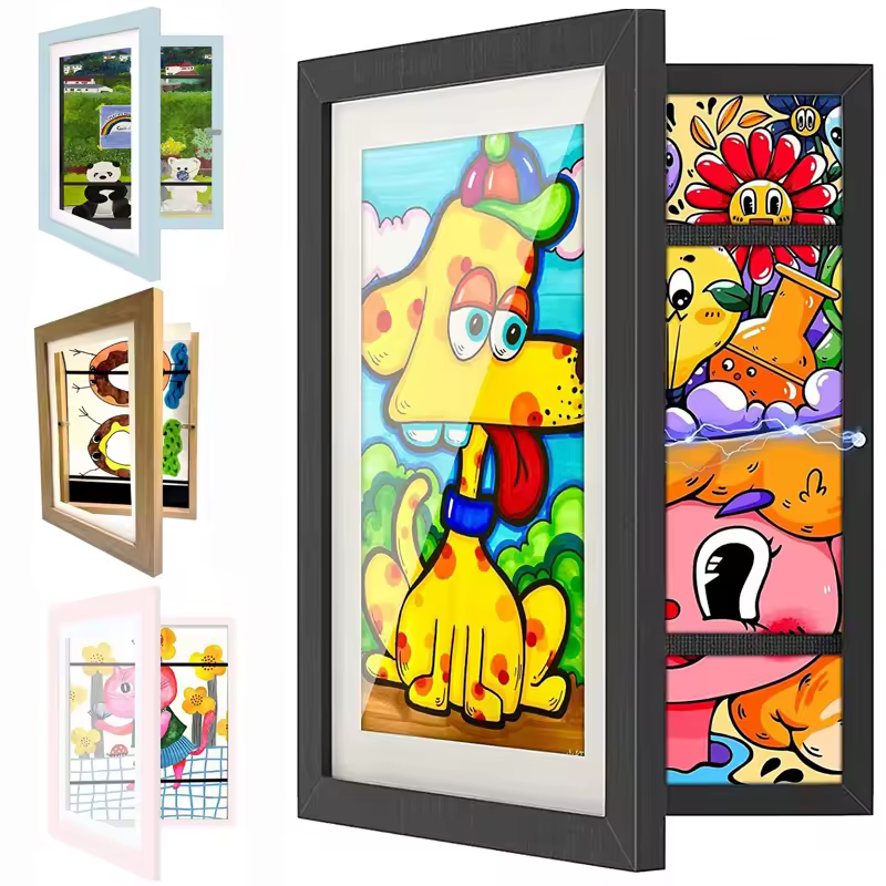 Magnetic Artwork Display Frame Front Opening Wood Frame with Acrylic Panel, Holds 50–150 Drawings, A4 Size, Wall Mount