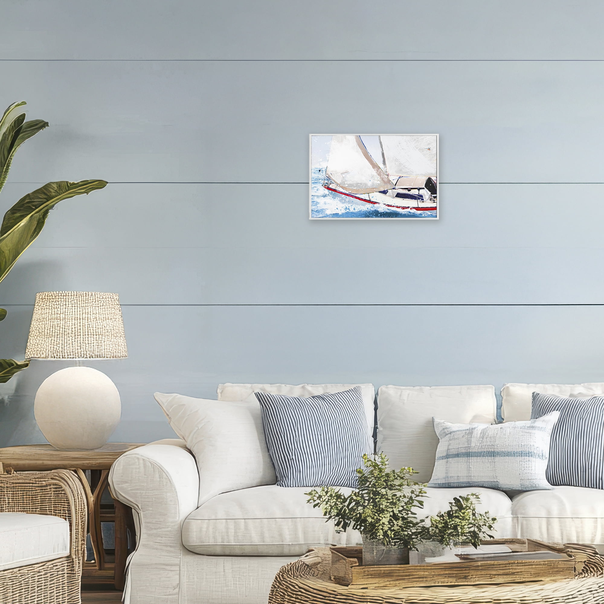 Stupell Industries Sailboat Racing Through Blue Waves White Framed Giclee Art, design by Porter Hastings