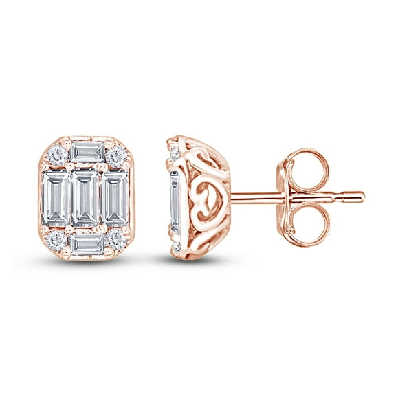 1/2 Carat Baguette And Round Cut White Natural Diamond Stud Earrings In 14k Rose Gold Over Sterling Silver (I-J Color, I2-I3 Clarity,0.50 Cttw)