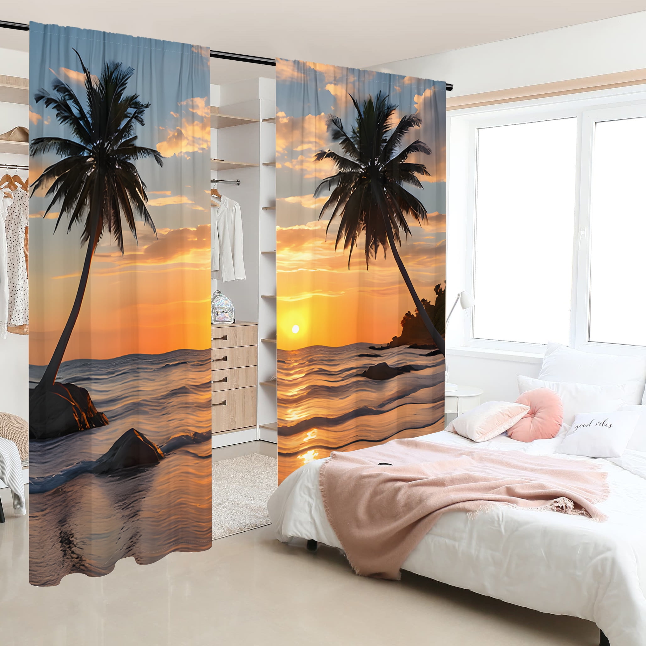 WNOOHIY Tropical Style Beach Sunset Privacy Light-filtering Window Curtains for Bedroom and Living Room, 2 Panels