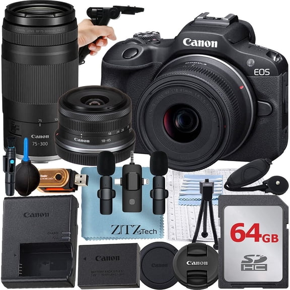 Canon EOS R100 Mirrorless Camera with RF-S 18-45mm Lens   RF 75-300mm Lens   64GB Memory Card   Lavalier Microphone   ZeeTech Accessory Bundle (International Version)
