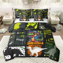 jejeloiu Cute Cartoon Dinosaur 7-Piece Bedding Comforter Set,Kawaii Dino Silhouette King Bedding Sets,Green Black Orange Bed Sheets For Kids,Super Cozy Room Decor Reversible