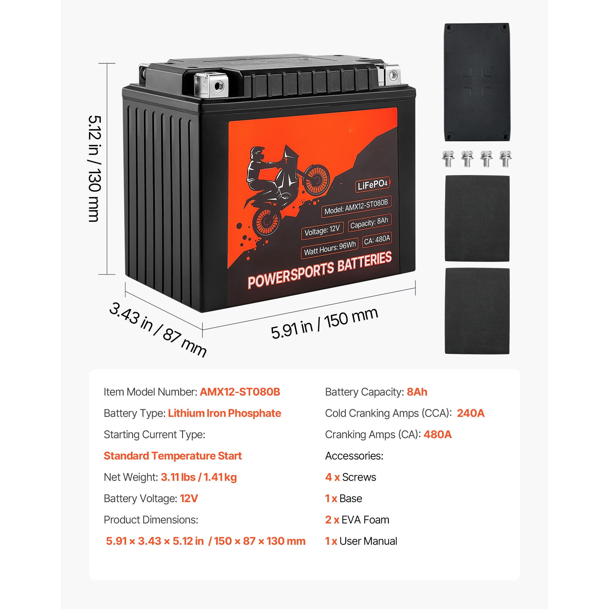 KFFKFF 12V 8Ah Lithium Iron Phosphate Battery, Pre-Charged Powersports Battery, Maintenance-Free and Reliable Performance, Suitable for ATVs, Motorcycles, Jet Skis, Scooters, UTVs, and More