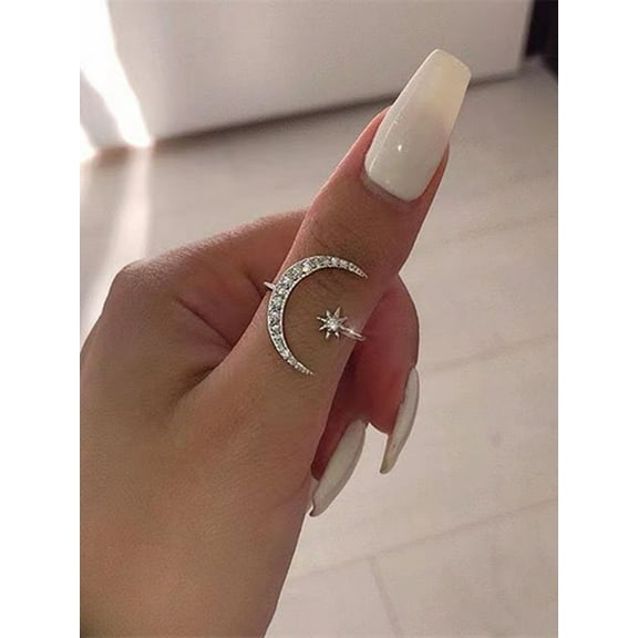 New Rhinestone Star & Moon Decor Cuff Ring