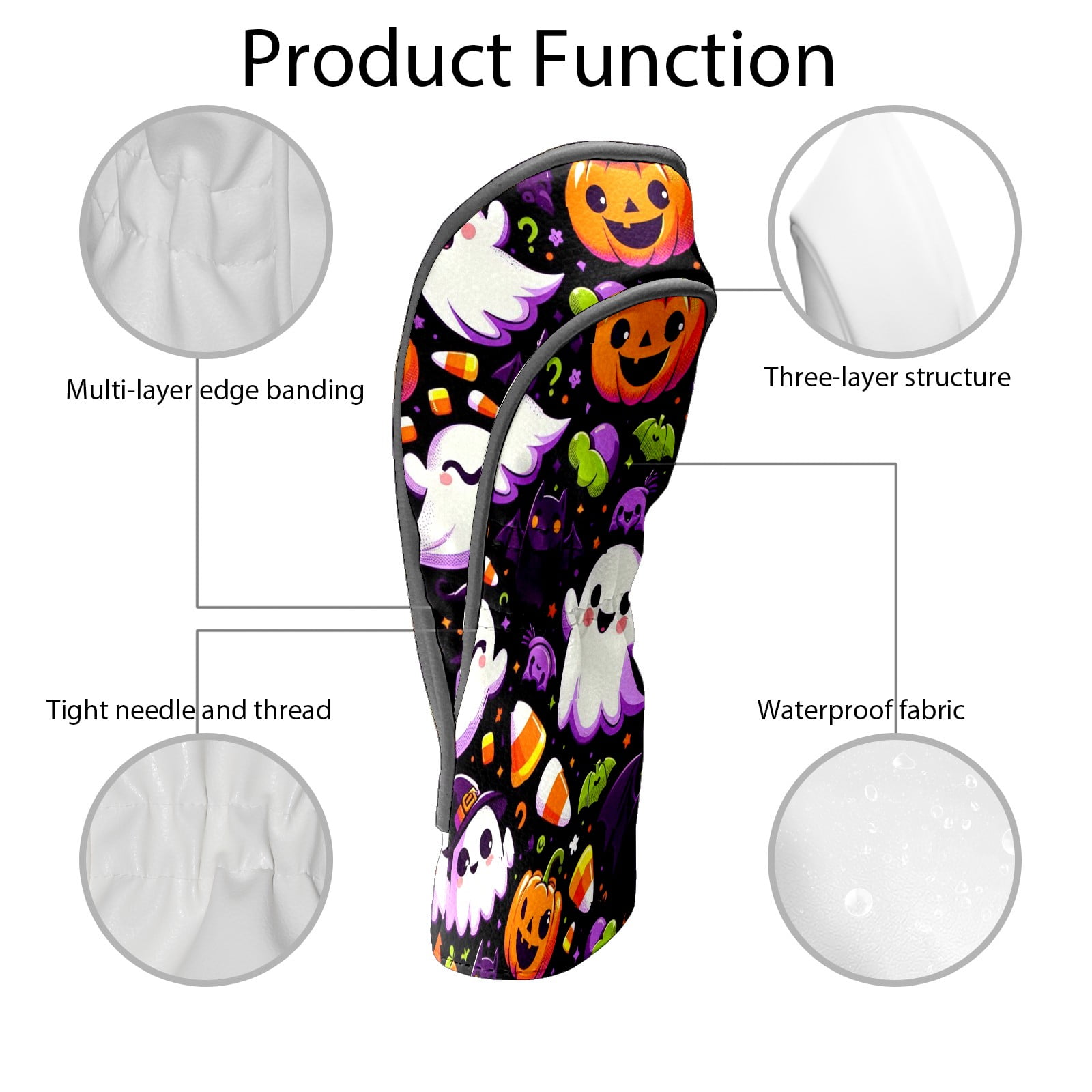 Golf Club Covers, Black Halloween Ghosts Premium PU Leather Driver Hybrid Putter Head Covers with Velvet Lining, Waterproof Golf Gifts for Men Women